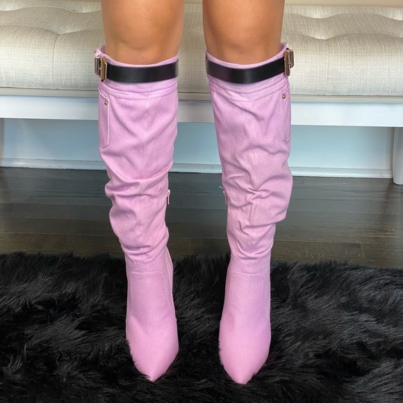 Heeled Buckled Pink Denim Boots - Picture 2 of 14